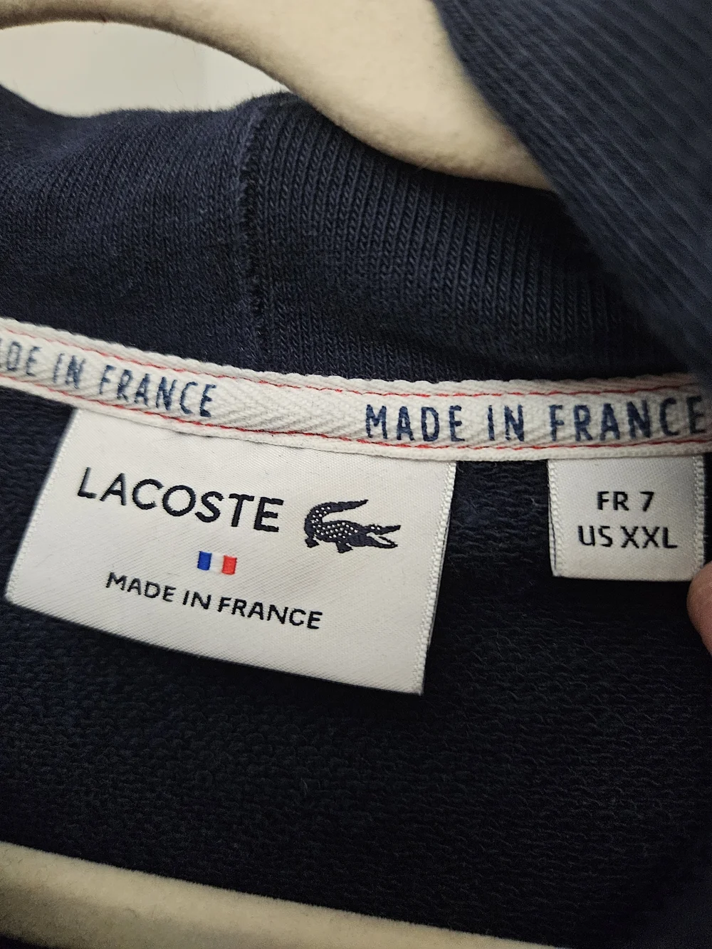 Lacoste Navy Pullover Hoodie with Red and White Shoulder Stripes